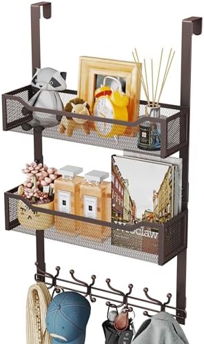 SWTYMIKI Over The Door Hooks Organizer - Multi-Functional Door Hanger with 16 Hooks & 2 Mesh Baskets, Long Coat Rack for Bathroom, Bedroom, Living Room, Home Storage Organizer, Bronze by SwtyMiki-TidyHomeSweetLife