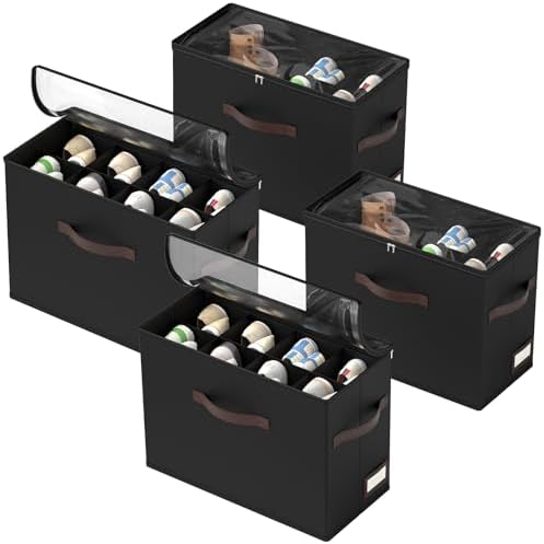 OIAHOMY 4 Pack Shoe Organizer for Closet, Foldable Shoe Storage Bins with Adjustable Dividers, Stackable Oxford Cloth Sneaker Boxes for Entryway Bedroom, Fits Up to 32 Pairs, Black by MasterofSpaceOptimization