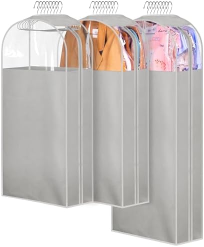 MISSLO 10" Gusseted Garment Bags for Hanging Clothes 40"+50" Clear Suit Bags for Closet Storage Dress Bag for Gowns Long Coat Protector, 3 Packs, Grey by MISSLO