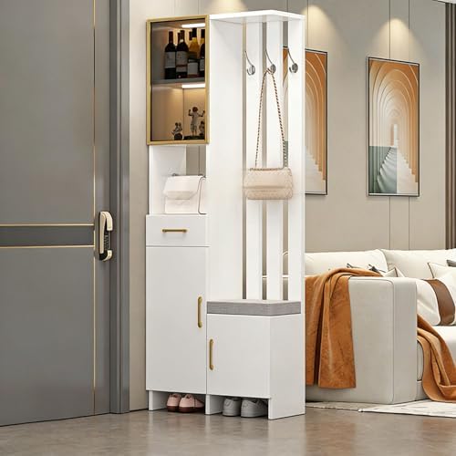 Wall Room Divider with Storage, 78.7" Tall Entryway Hall Tree Room Partition with Shoe Cabinet,Freestanding Wood Privacy Screen with Coat Rack, Bench & Glass Display(White+Right Side,80cm/31.5in) by Unknown