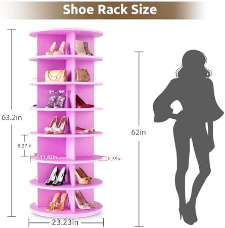 Rotating Shoe Rack 7 Tier Spinning Shoes Organizer Tower for 28-32 Pairs Lazy Susan 360 Revolving Shoe Storage Cabinet Rotate Shoe Handbag Rack Round Carousel for Closet, Bedroom (Pink) - Image 3
