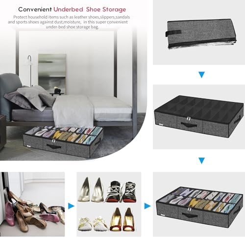Onlyeasy Sturdy Under Bed Shoe Storage Solution Organizer For Closet Fit 16x2 Pairs, Underbed Shoes Container Bags with Reinforced Handles, Breathable, Linen-like Black, MXAUBS16P2 - Image 5