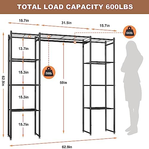 Neprock Portable Closet Wardrobe, Metal Clothing Rack with 8 Shelves & 1 Hang Rod, Free Standing Closet Rack for Hanging Clothes Closet Organizers and Storage, 63"*63"*12", Black - Image 5