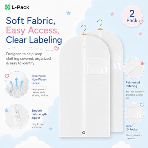 Kids Garment Bag with Clear Window, Hanging Clothes Storage Cover for Dresses, Suits & Dance Costumes, Breathable Travel Bag for Baby Toddler Child, 30" x 18", White, Pack of 2 - Image 3