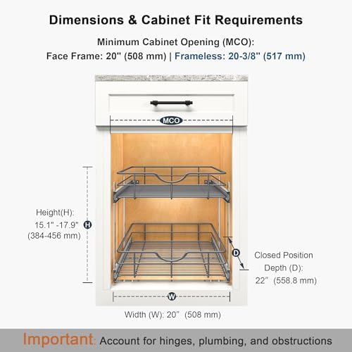 2 Tier Pull Out Cabinet Organizer - 20" W x 22" D Soft Close Slide Out Shelves with Shelf Liners - Pullout Drawers for Kitchen Cabinets, Pantry, Bathroom, Heavy Duty Steel Wire Baskets - Image 2