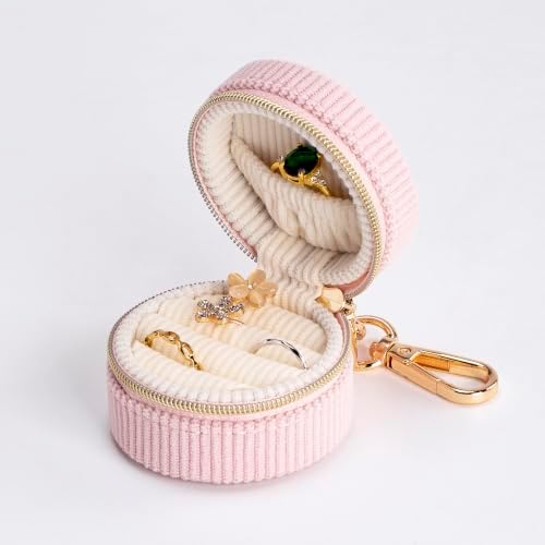 Ring Box & Holder with Keychain, Mini Velvet Jewelry Travel Case, Small Organizer for Earrings Necklaces, Engagement Wedding Couples Gift for Women Bride (Pink) - Image 3