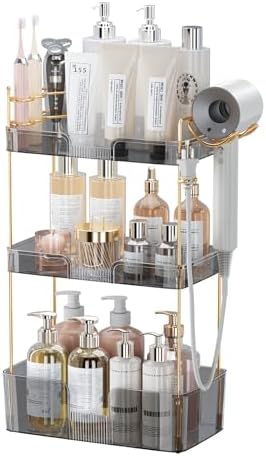 Akinbas 3 Tier Bathroom Organizer Countertop Makeup Perfume Tray Skincare Organizer Comes with Hair Dryer Rack and Toothbrush Holder for Bathroom Dresser Vanity (Grey) by AKINBAS