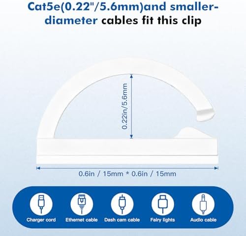 60 pcs Adhesive Cable Clips, White Small, Cord Holder, Cord Clips for Wires on wall, Ethernet Cable, Christmas Lights, USB, Phone Chargers, TV, Desk, nightstand, Car, Office - Image 2