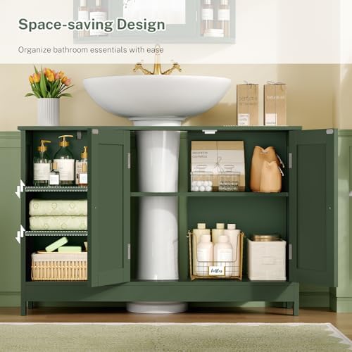 TEENFON 35.4" Pedestal Sink Storage Cabinet with 2 Doors and Adjustable Shelves, Bathroom Sink Cabinet, Under Sink Storage with U-Shape Cut-Out, Green - Image 5