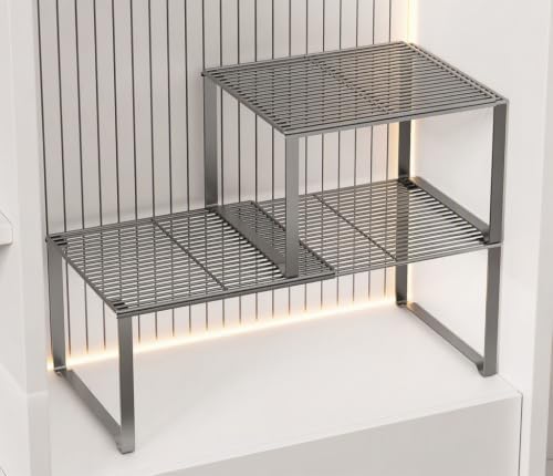 Extendable Metal Wire Shelf Organizer - Adjustable 15-24.4in Length, Stackable Storage Rack for Kitchen/Pantry/Bathroom/Shoe Cabinet/Tool Closet (Gunmetal, 2 Pack) by HGZBS