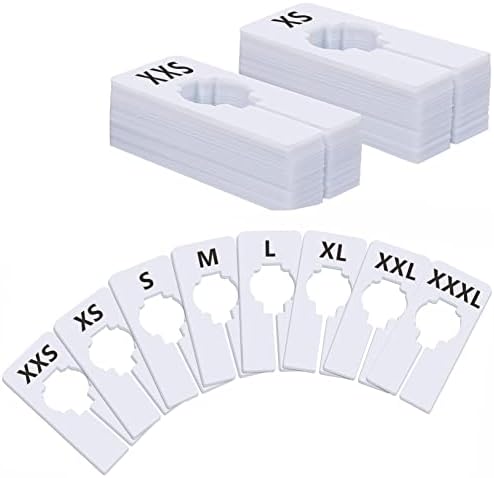 40 Pack Rectangular White Plastic Clothing Size Closet Rack Dividers Hangers, Preprinted in 8 Sizes XXS, XS, S, M, L, XL, XXL, XXXL (2.5”x 5”, Inner Diameter 1.38”) by VANTASII
