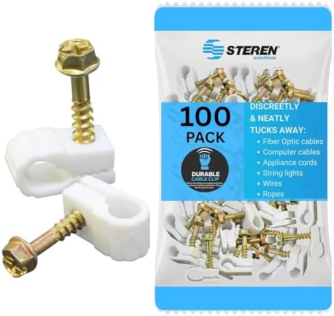 STEREN Coaxial Cable Clips - Cable Holder - Wire Clips - Siding Clips for Hanging - Cord Holder for Desk - Cable Clamps (White, 100 Count - Single Screw) by STEREN
