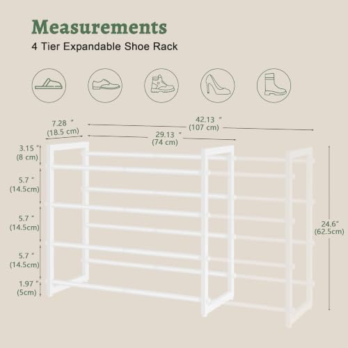 FAVOOSTY 4-Tier Expandable Shoe Rack, Adjustable Shoe Shelf Storage Organizer Space Saving Metal Free Standing Shoe Rack for Entryway Closet Doorway, White - Image 3