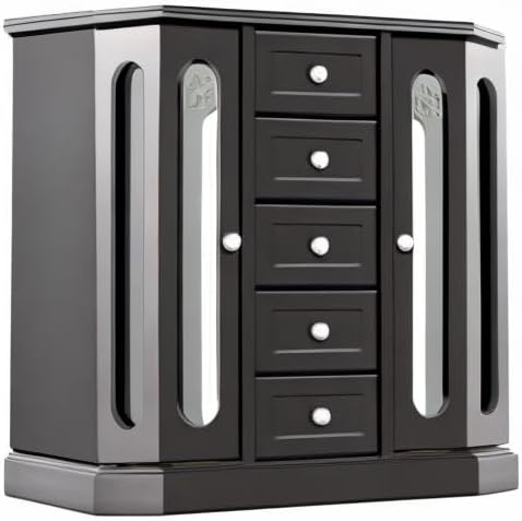 RR ROUND RICH DESIGN Jewelry Box - Made of Solid Wood with Cabinet Type 5 Drawers Organizer and 2 Separated Open Doors on 2 Sides and Large Mirror Black