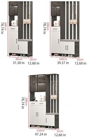 Wall Room Divider with Storage, 78.7" Tall Entryway Hall Tree Room Partition with Shoe Cabinet,Freestanding Wood Privacy Screen with Coat Rack, Bench & Glass Display(Gray+Left Side,80cm/31.5in) - Image 2