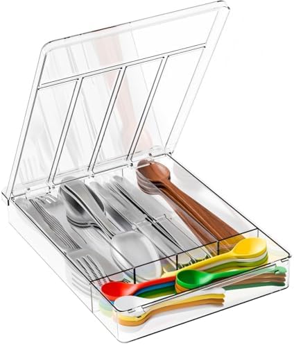 Yieach Clear Silverware Organizer with Lid - 9 inch Wide - Small Silverware Drawer Organizer & Tray and Utensil Drawer Organizers with Lid,BPA Free Plastic Flatware Drawers Organizers for Fork,Spoon by Yieach