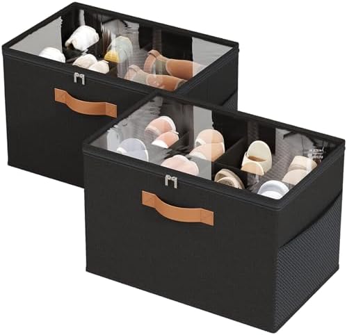 Shoe Organizer for Closet, 2-Pack Foldable Shoe Storage Box with Adjustable Dividers & Clear Cover, Fits 16 Pairs, Black, Durable and Space-Saving by IMAXTOP