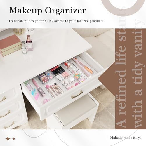 Criusia 14 PCS Clear Plastic Drawer Organizer Set - 5 Large Size Versatile Kitchen and Bathroom Organizer Trays, Non-Slip Storage Bins for Makeup, Utensils, Tool and Office Desk - Image 5