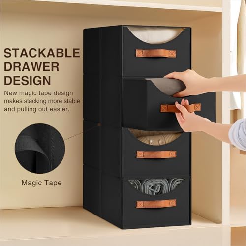 Homsorout Stackable Storage Drawers - Collapsible Storage Bins with Drawers, 6 Pack Closet Shelf Organizer Basket, Fabric Pull Out Organizer for Bedroom, Living Room, Dorm, Black - Image 4