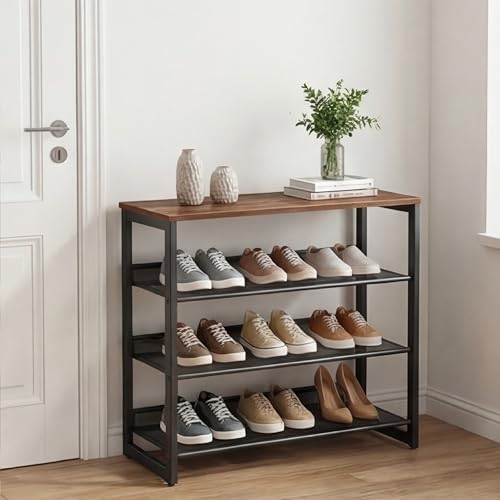 Garden 4 you Shoe Rack for Entryway 4 Tiers 11.8" D x 25" W x 28" H, Metal Shoe Rocks with Brown Wooden Tabletop, Angled Shoes Rack with Adjustable Mesh Shelves for Entryway Hallway Closet by Garden4you