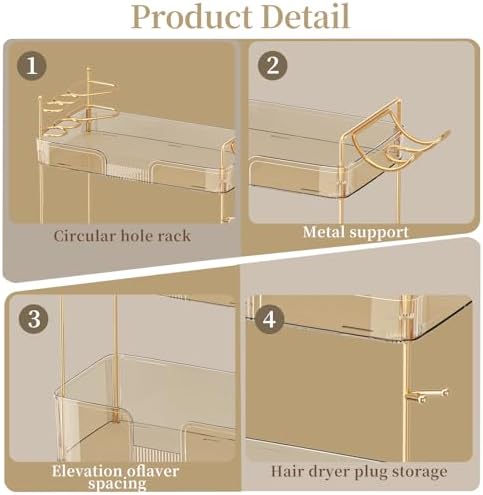 Akinbas 3 Tier Bathroom Organizer Countertop Makeup Perfume Tray Skincare Organizer Comes with Hair Dryer Rack and Toothbrush Holder for Bathroom Dresser Vanity (Gold) - Image 5