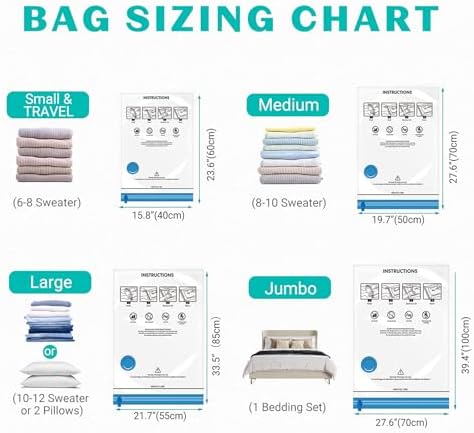 15 Pack Vacuum Seal Bags for Clothing &Travel, Space Saver Vacuum Storage Bags for Blankets,Luggage,Clothes,Comforter, Hand Pump Included (3 Jumbo,3 Large,3 Medium,3 Small,3 Roll） - Image 5