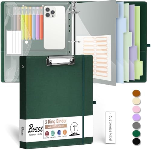 1 Inch 3 Ring Linen Binder Organizer, BVSSX Three Ring Binders with Clipboard, Plastic Folder, 5-Tabs Pocket Dividers with Sticker Labels, Pen Loop, Elastic Strap (Green,Letter Size) by BVSSX