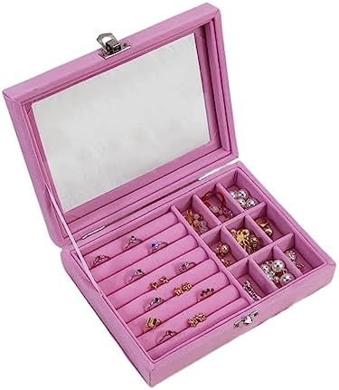 Colorsheng Velvet Glass Jewelry Ring Display Stand Storage Box Rings Earrings Jewelry Box Ring Holder Case (Pink) - Image 5