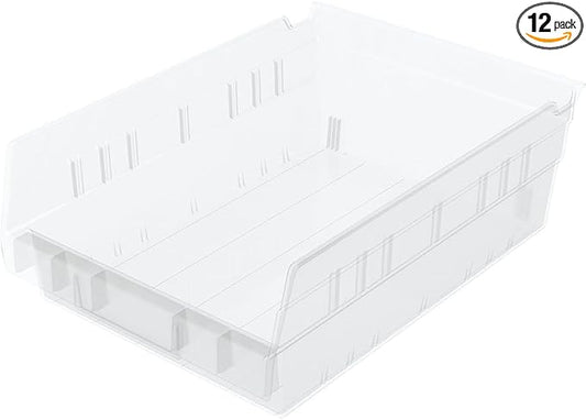 Akro-Mils 30150 Plastic Shelf Bins, Heavy Duty Storage Bins for Garage, Closet, and Drawer Organization, 12" x 8" x 4", Clear, 12-Pack