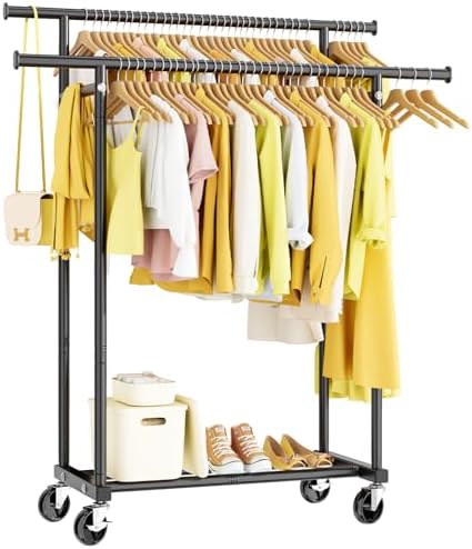 HYSEYY Double Rods Clothes Rack, Rolling Clothing Rack for Hanging Clothes Portable Wardrobe Rack, Metal Garment Rack Sturdy Coat Rack for Bedroom Laundry Living Room, Black by HYSEYY