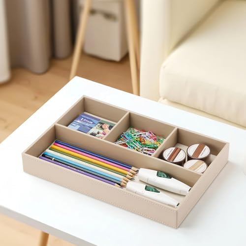 KINGFOM 4-Slot Leather Drawer Tray Desk Stationery Sundries Organizer Storage Box Pen Pencil Holder Case Container (Dark Beige) - Image 4