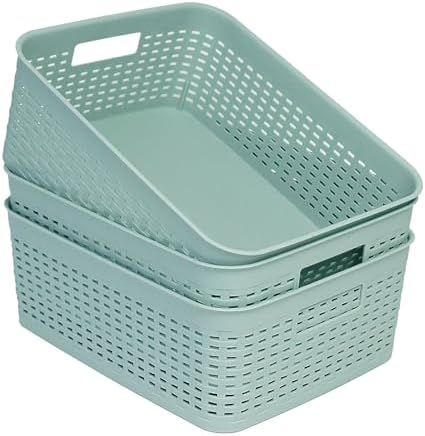 Soddeph Plastic Storage Baskets for Cabinets, Household Pantry Organization with Handle,Organizer Bins for Room,Bathrooms,Under-Sink,Kitchen (Green, M-3PACK) by Soddeph
