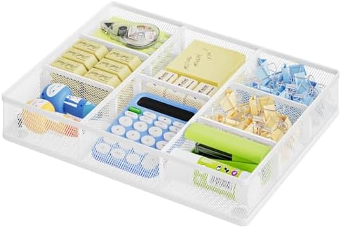 Marbrasse Desk Drawer Organizer, Metal Mesh Drawer Organizer Tray with 5 Adjustable Compartments,Desk Organizers and Accessories for Home,Office,Kitchen,Makeup,Vanity (White) by Marbrasse
