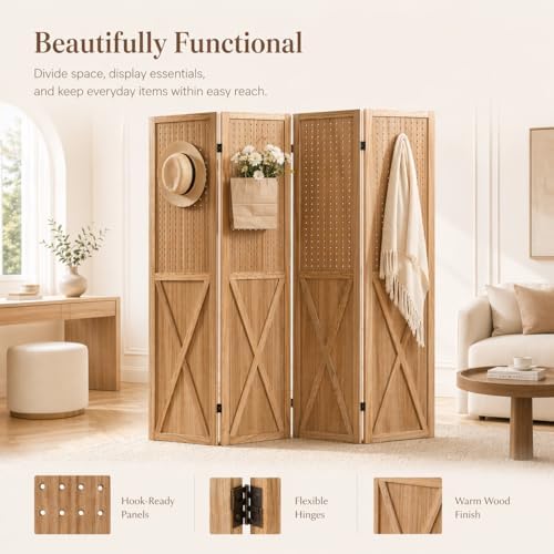 4 Panel Wood Pegboard Room Divider Folding Privacy Screen Light Brown - Image 3