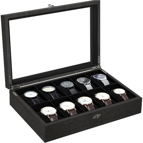 Uten Watch Box 10 Slot, Watch Case with Glass Lid, All Black by UTENHOMEGOODSCENTER