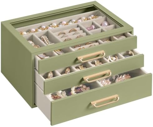 SONGMICS 3-Layer Jewelry Box with Glass Window, 3 Drawers, Golden Handles by SONGMICSbySONGMICSHOME