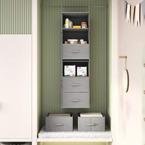 6-Shelf Hanging Closet Organizer with 3 Drawers, Separable, Medium Gray - Image 2