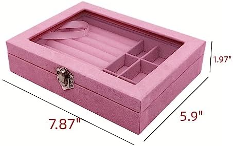Colorsheng Velvet Glass Jewelry Ring Display Stand Storage Box Rings Earrings Jewelry Box Ring Holder Case (Pink) - Image 4
