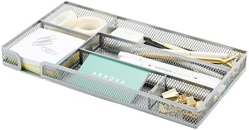 Annova Desk Drawer Organizer Tray for Office Organization - Metal Mesh - Storage Tray with Dividers for Pens, Desktop Accessories, Bathroom, Kitchen, Makeup and Office Supplies (Small, Silver) by LivingNecessities