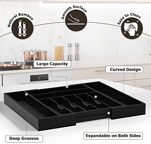 Utensil Organizer Silverware Drawer Organizer - Bamboo Expandable Cutlery Tray with Dividers for Utensil Holder Office Storage Makeup Desk Drawer Tool Organization W13.5"-19.5" x L17.5" x H2.5"(Black) - Image 2