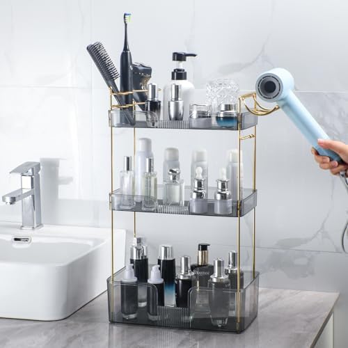 Akinbas 3 Tier Bathroom Organizer Countertop Makeup Perfume Tray Skincare Organizer Comes with Hair Dryer Rack and Toothbrush Holder for Bathroom Dresser Vanity (Grey) - Image 5