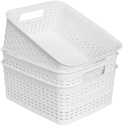 Plastic Storage Baskets for Cabinets, Household Pantry Organization with Handle,Organizer Bins for Room,Bathrooms,Under-Sink,Kitchen (White, S-3PACK) by Soddeph