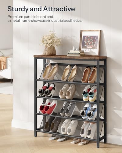 CHOEZON Shoe Rack, 5-Tier Slanted Shoe Storage Shelf, Narrow Shoe Rack for Entryway, Shoe Organizer with Adjustable Feet, Slim Shoe Shelf with Wooden Top and Metal Frame Rustic Brown and Black TXJ02BF - Image 5