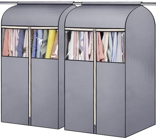 SLEEPING LAMB 35" Garment Bags for Hanging Clothes Storage, Sealed Completely Clothing Rack with Cover with Zipper Clear PVC Window Coat Cover for Closet, Sweaters, Suits protector, 2 Packs, Grey by SLEEPINGLAMB
