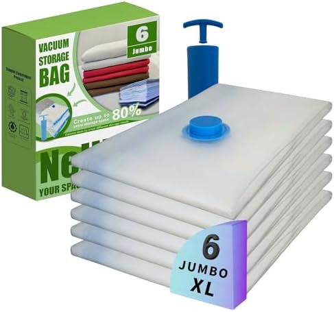 Jumbo XL Vacuum Storage Bags with Pump, Vacuum Seal Space Saver Bags 6 Pack by Nellivia