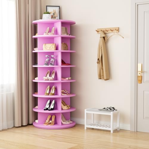 Rotating Shoe Rack 7 Tier Spinning Shoes Organizer Tower for 28-32 Pairs Lazy Susan 360 Revolving Shoe Storage Cabinet Rotate Shoe Handbag Rack Round Carousel for Closet, Bedroom (Pink) - Image 2