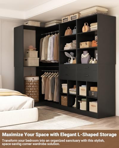 Besiost Closet System with 4 Drawers, 53.5"*53.5"/ 31.5"*75.5" Closet Organizer System with Corner Tower, L Shaped Walk-in Closet System, Corner Closet System with Shelves, Set of 3, Black - Image 4