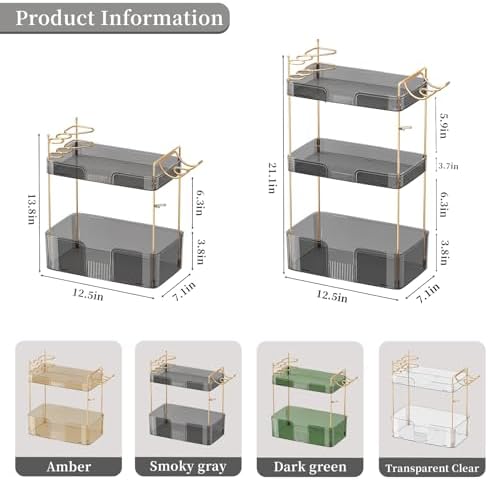 Akinbas 3 Tier Bathroom Organizer Countertop Makeup Perfume Tray Skincare Organizer Comes with Hair Dryer Rack and Toothbrush Holder for Bathroom Dresser Vanity (Grey) - Image 3