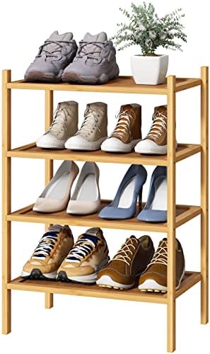 kiplant Small Shoe Rack, 4-Tier Bamboo Wood Shoe Rack for Entryway, Stackable Shoe Organizer for Hallway Closet, Free Standing Shoe Racks for Indoor & Outdoor by kiplant