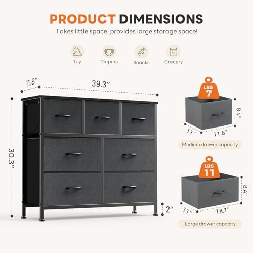 Sweetcrispy 7 Drawer Dresser for Bedroom Storage with Fabric Bins, Gray - Image 3